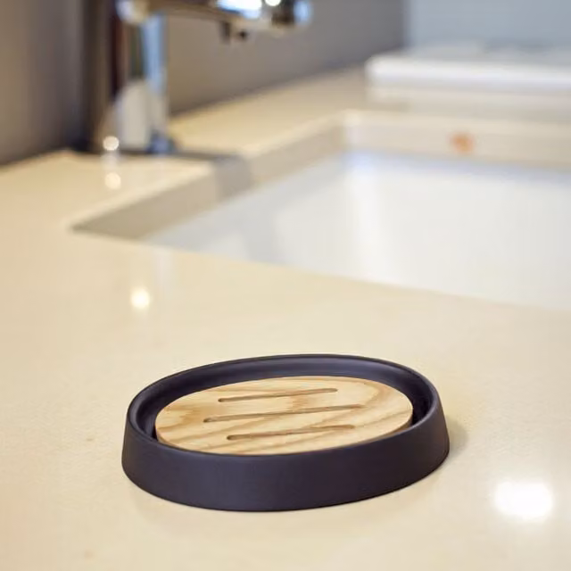 Showerdrape Sonata Black and Bamboo Resin Bathroom Accessory Set with Soap Dish and Toothbrush Holder – 1