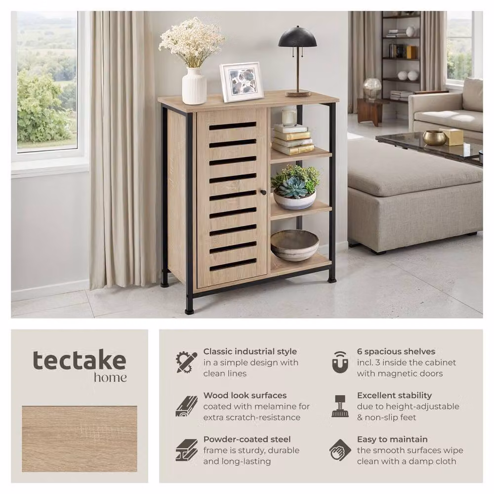tectake Industrial Sideboard with 3 Open Shelves in Light Oak and Black – 2