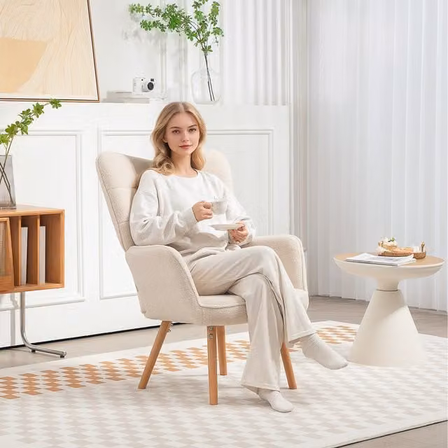 HOMCOM Modern Wingback Armchair in White Bouclé Fabric with Wood Legs