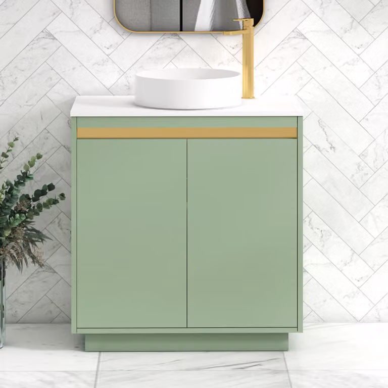 Royal Bathrooms Orion 800mm Mint Sage and White Floor Standing 2 Door Vanity Unit with Stone Art Basin and Brushed Brass Accent Trim