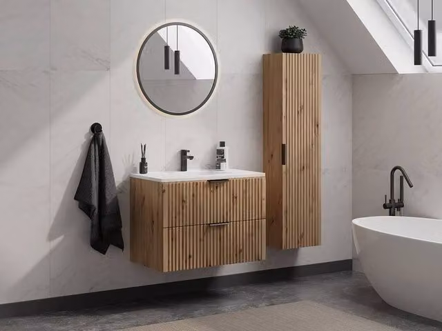 Vente-unique Ribbed Suspended Bathroom Vanity Unit with Inset Basin and Column in Light Oak