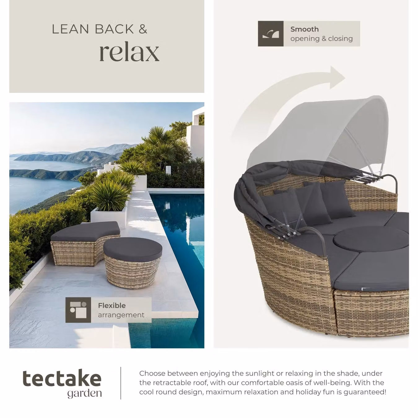 tectake Santorini Modular Garden Sun Lounger Set with Shade Canopy in Sand Beige for 4 Adults – 4