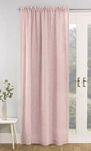 Tyrone Textiles Tahiti Blush Pink Pom Pom Trim Linen Look Voile Panel, W: 140 cm, H: 137 cm