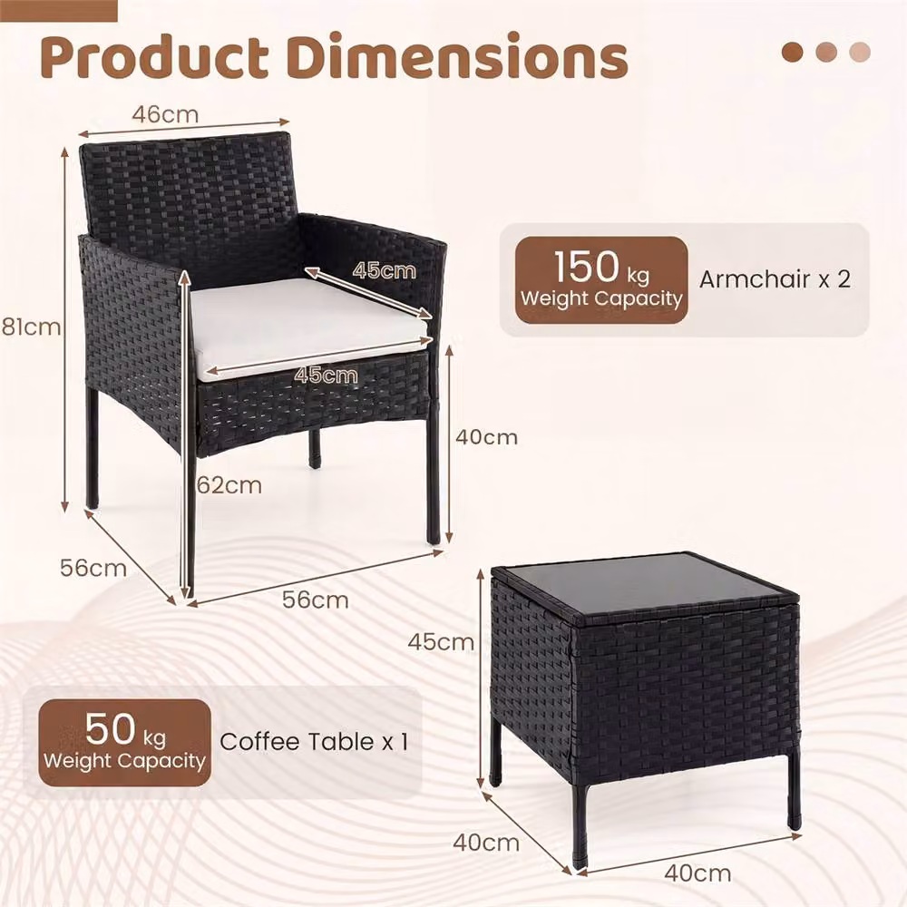 FORGEVIO Outdoor Conversation Set in Black with Upholstered Lounge Armchairs and Coffee Table for Garden, Balcony or Terrace – 3