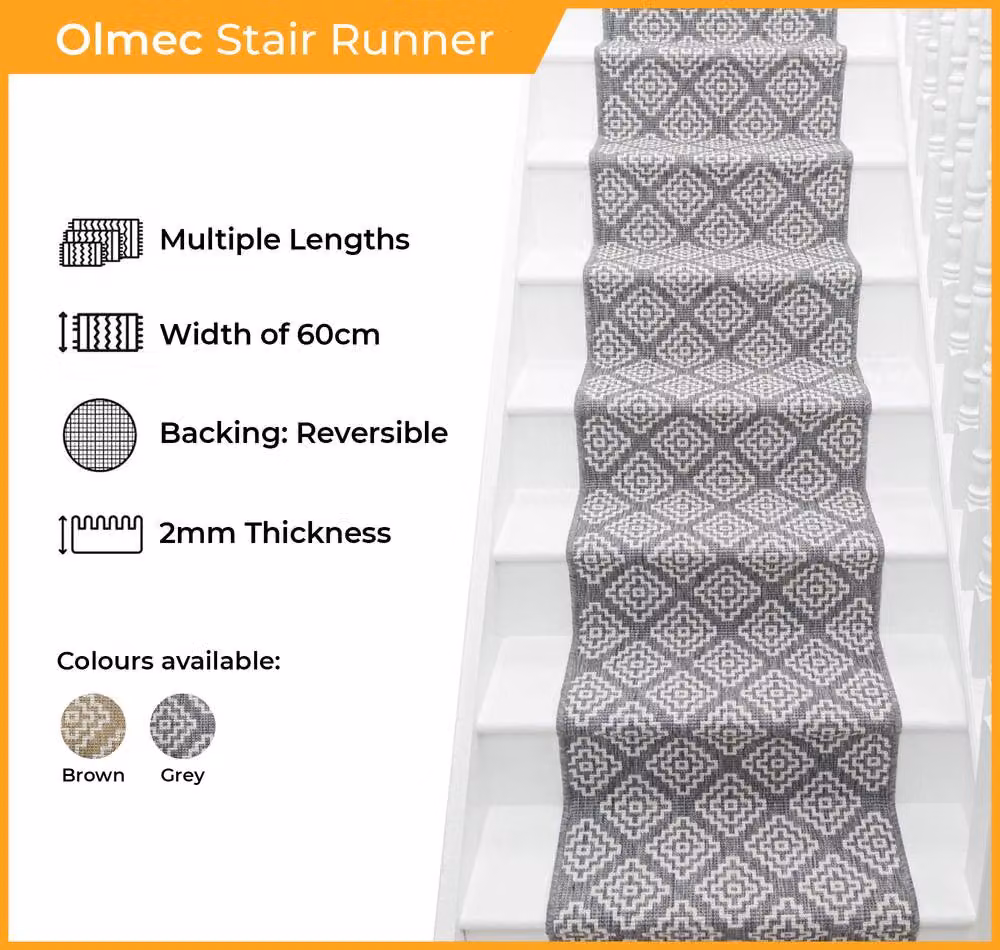 runrug Olmec Reversible and Durable Stair Runner Carpet in Grey, W: 60 cm, L: 450 cm – 2