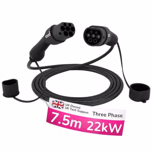 Cord Type 2 to Type 2 Three Phase EV Charging Cable, 32amp, 22kW, 7.5 Metre, Black