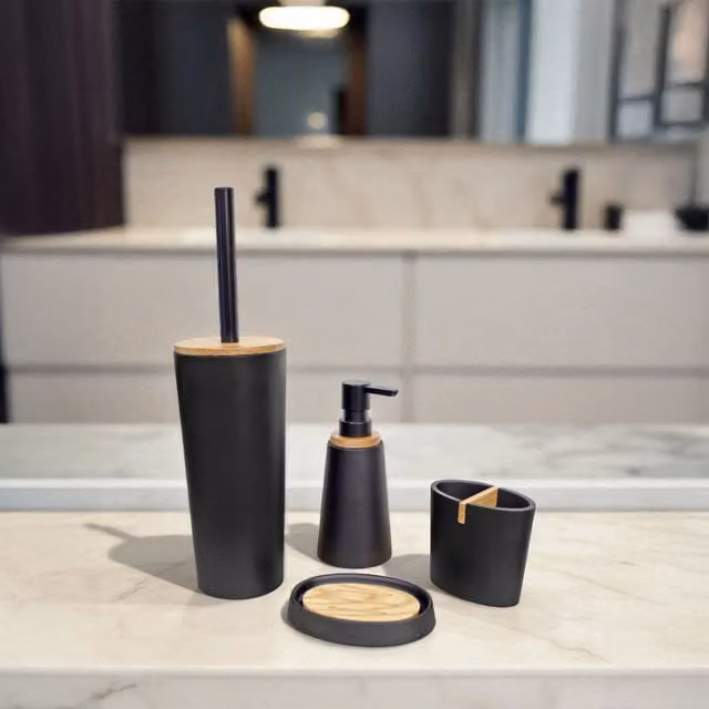 Showerdrape Sonata 4 Piece Black and Bamboo Bathroom Accessory Set