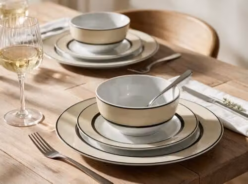 Waterside 12-Piece Beige Striped Porcelain Dinner Set – 2