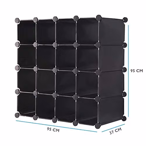 AMOS 16 Pair Interlocking Cube Shoe Storage Rack Organiser with Back Panels in Black – 2