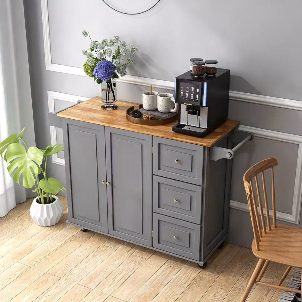 Costway Grey Serving Cart with Rubberwood Drop Leaf Tabletop and Castors – 3