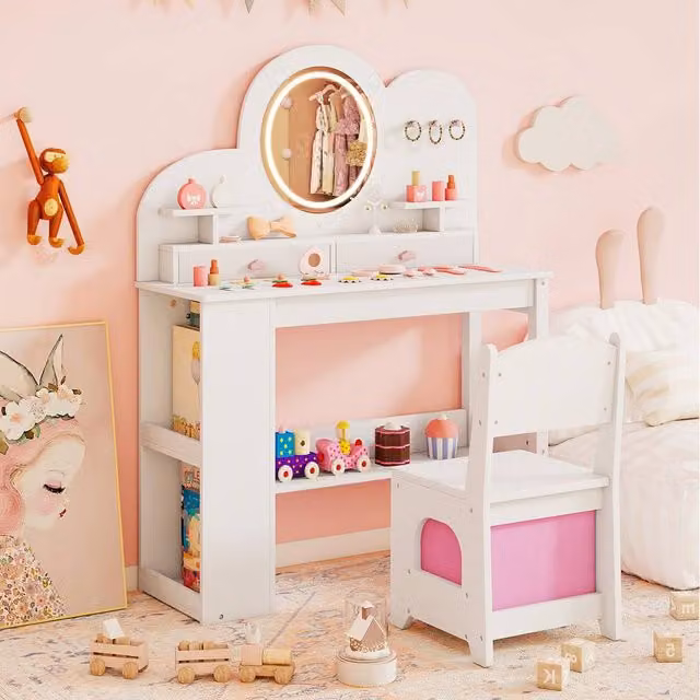 Costway Kids Makeup Dressing Table Set with Hollywood LED Mirror in White