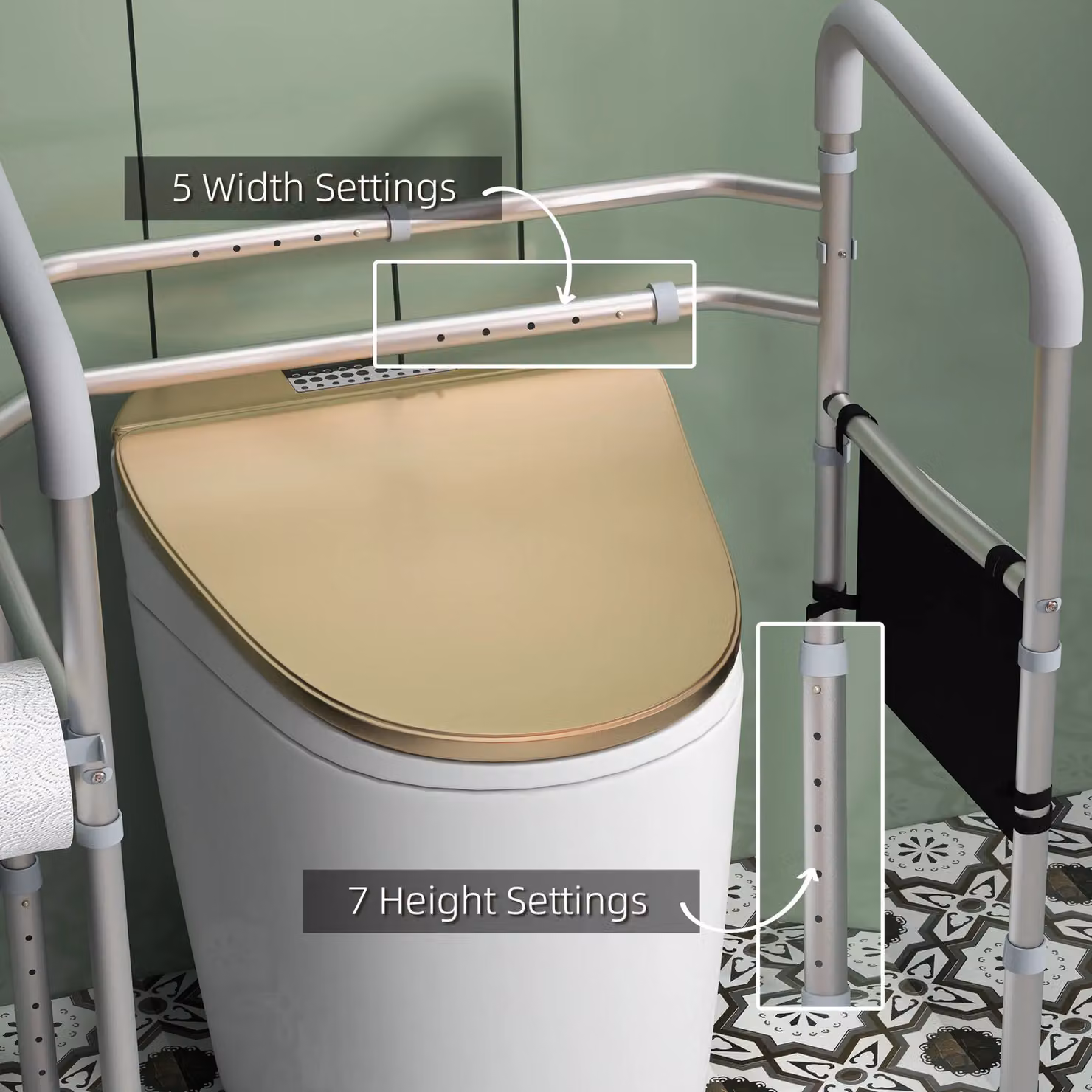 HOMCOM Height and Width Adjustable Aluminium Toilet Frame Grab Bar with Tips Storage in Silver – 3