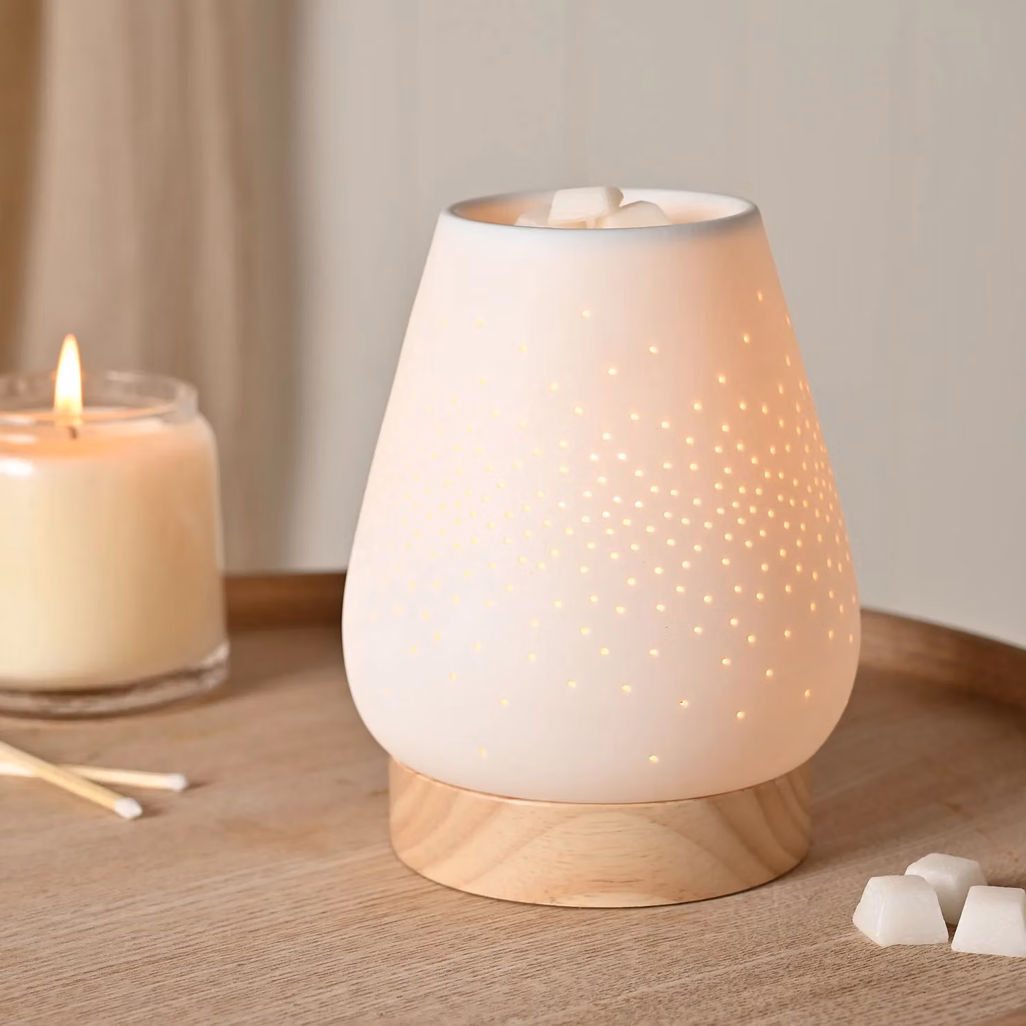 Hestia Tapered Ceramic and Wood Tabletop Aroma Lamp in White – 3