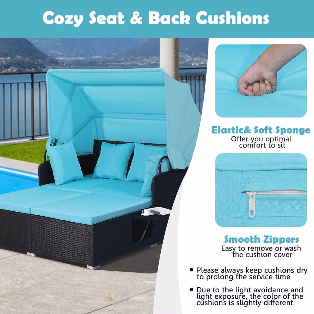 Gymax 2 Seater Blue Rattan Garden Daybed with Sun Canopy and Side Tray – 8