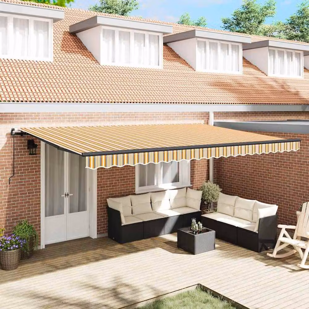 Berkfield Home Manual Retractable Folding Arm Awning in Yellow Multicolour Stripe, W: 500 cm, D: 300 cm – 2