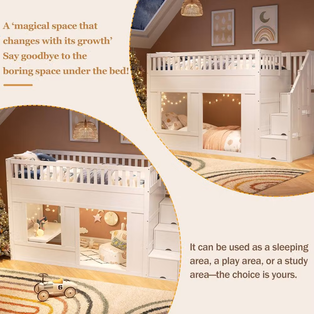Merax White Childrens House Loft Bed with Storage Stairs and Side Compartments, W/D/H: 190 x 90 x 120 cm – 4