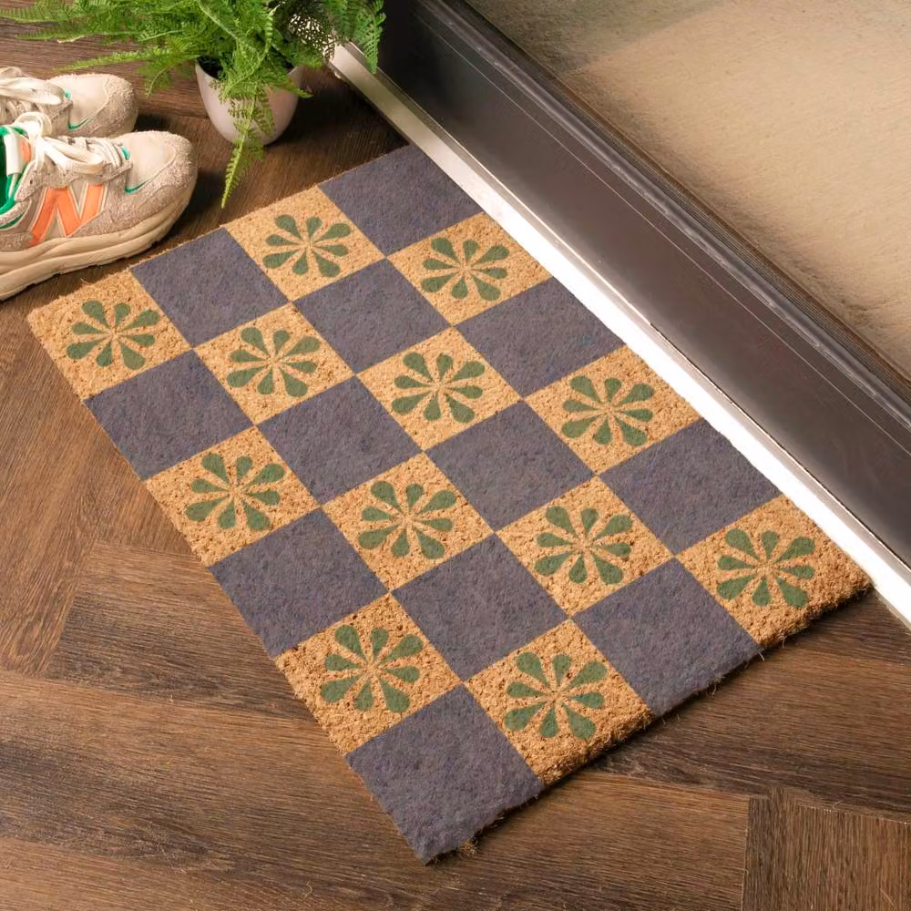 Artsy Mats Blue Check and Petals Coir Doormat in Brown, W/D: 60 x 40 cm – 2