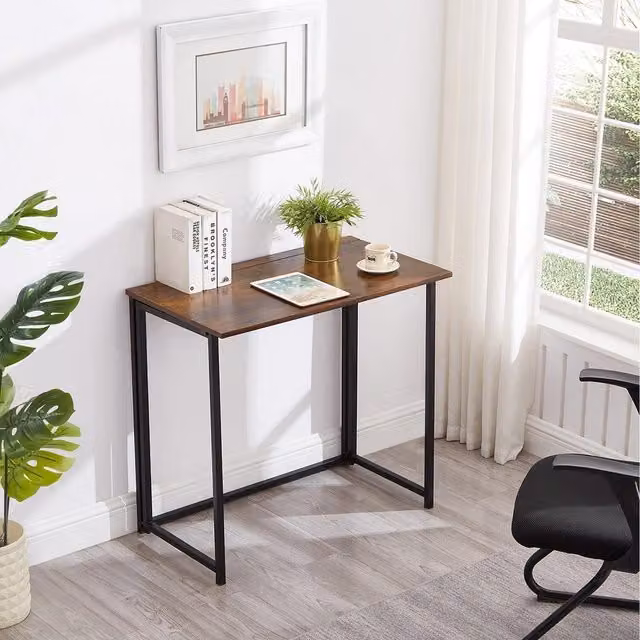 House Of Home Industrial Rectangular Computer Desk with Folding Top in Black and Brown