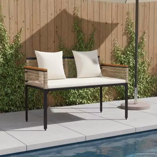 vidaXL 2-Seater Outdoor Bench with Armrests in Beige and White Poly Rattan, W: 117 cm, D: 54 cm, H: 74.5 cm – 2