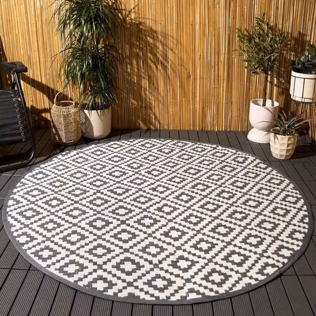 OHS Geometric Round Non-Slip Outdoor Rug in Grey