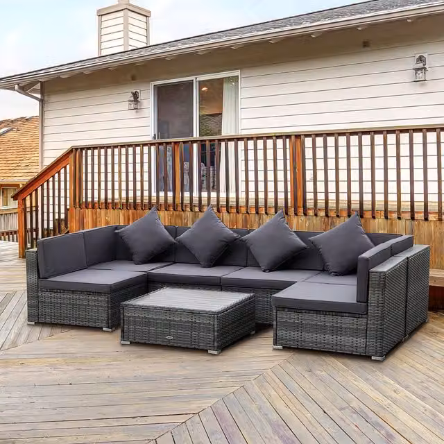 Outsunny 7 Piece Modern Grey Rattan and Acacia Wood Patio Wicker Sofa Set