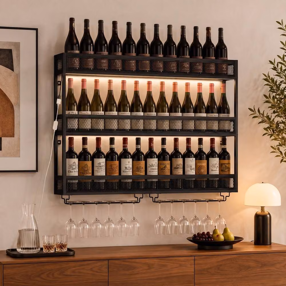 HOMCOM Wall-Mounted Metal Wine Rack with Integrated LED Lights and Glass Holders, Black – 2