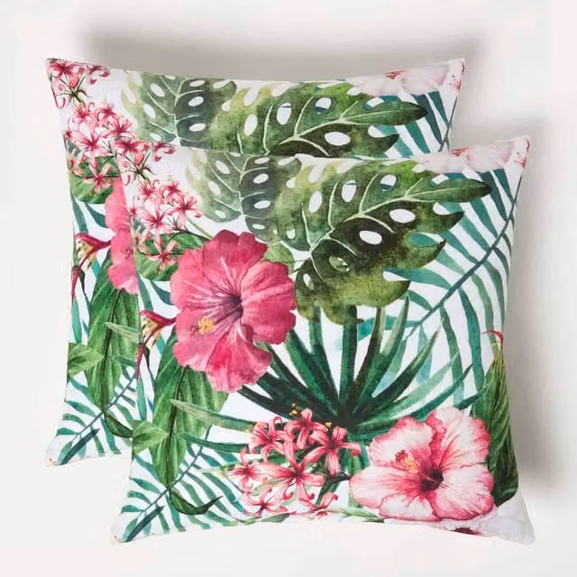 Homescapes Set of 2 Floral Botanical Outdoor Square Cushions in Green and Pink, W/D/H: 45 x 45 x 45 cm