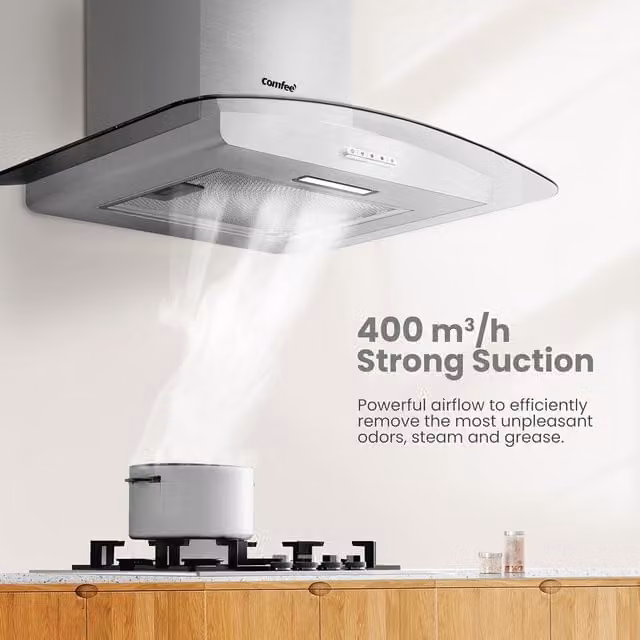 Livingandhome Silver Stainless Steel Wall Mounted Extractor Hood with LED Light, W: 60 cm