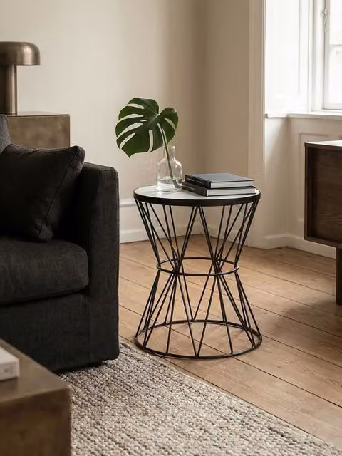 Orsina Housewares Orsina Corset Base Side Table with White Marble Top and Black Metal Finish, W/D/H: 45 x 45 x 55 cm – 2