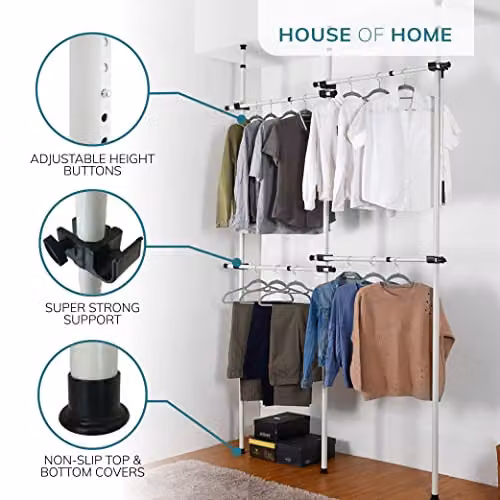 House of Home Heavy Duty Double Telescopic Clothes Rail in White, Adjustable from 150 to 240 cm – 3