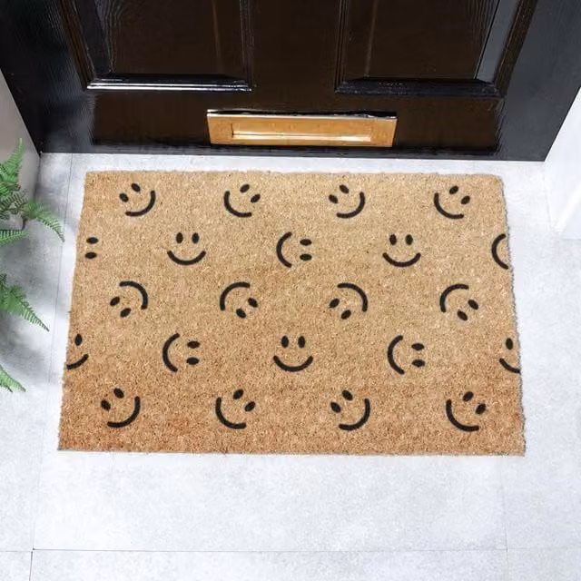 Artsy Mats Multi Smiley Faces Pattern Doormat in Black and Multicolour, W: 60 cm, D: 40 cm