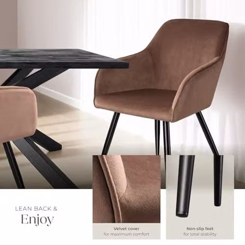 tectake Set of 4 Marilyn Dining Chairs in Brown Velvet with Black Metal Legs – 4