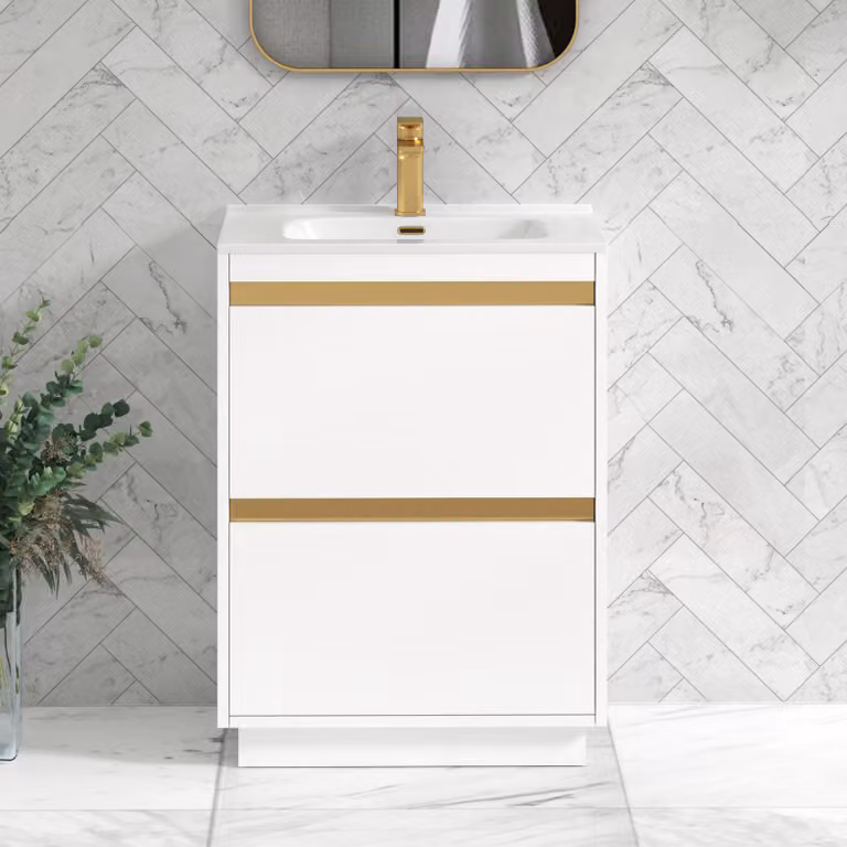 Royal Bathrooms Orion 600mm Matt White 2 Drawer Floor Standing Vanity Unit with Ceramic Basin and Brushed Brass Accent Trim