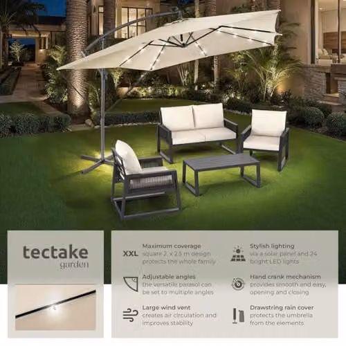 tectake Cantilever Garden Parasol in Beige with Polyester Canopy and Steel Frame, W/D/H: 250 x 250 x 250 cm – 2