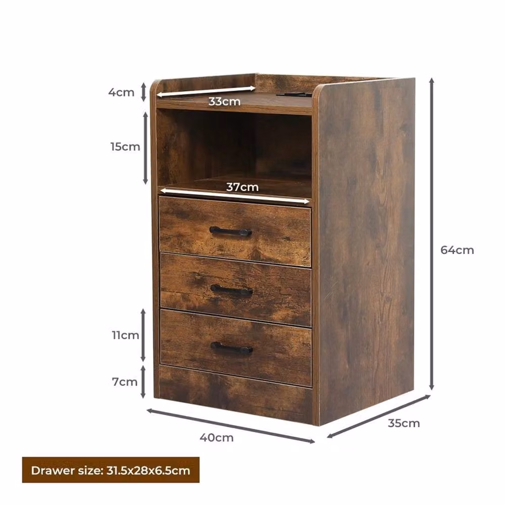 Havendro Modern Brown Nightstand with 3 Drawers, Integrated LED Lighting and USB Charging Outlet, W: 40 cm, D: 64 cm, H: 60 cm – 2
