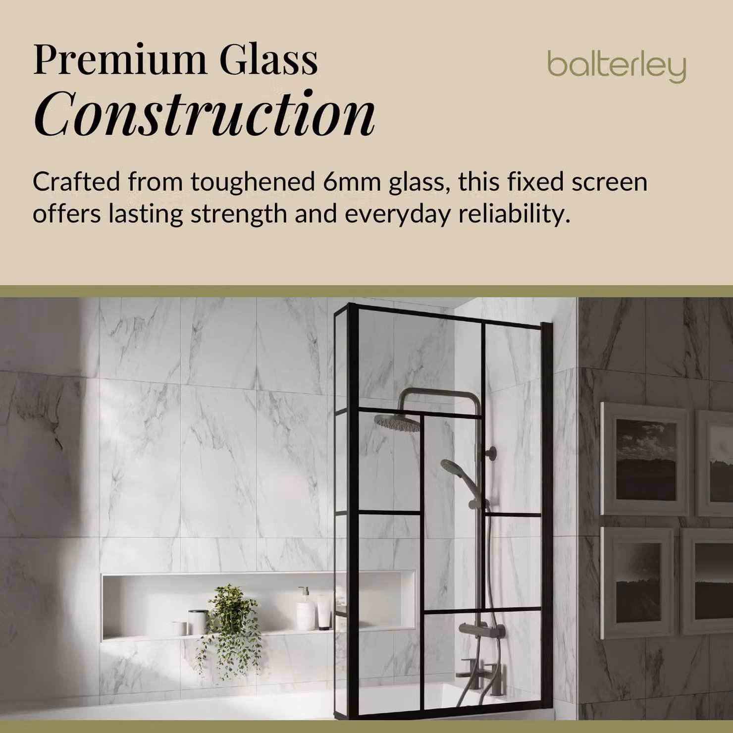 Balterley Black Reversible Square L Shape 6mm Toughened Safety Glass Bath Screen, Clear – 3