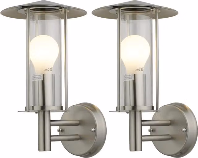 First Choice Lighting Treviso Set of 2 Silver Stainless Steel and Glass Outdoor Wall Lights