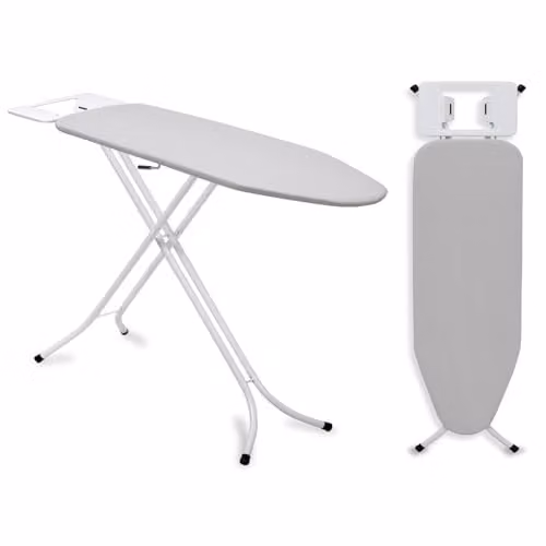 Gr8 Home Folding Ironing Board with Iron Storage Rack, Grey Cotton Cover and White Steel Frame, W: 110 cm, D: 34 cm