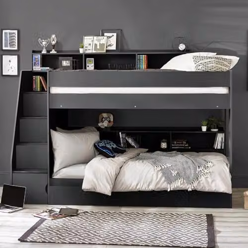 Julian Bowen Camelot Two-Level Bunk Bed Frame with Stairs and Drawers in Anthracite, W/D/H: 171.0 x 90 x 116.5 cm – 1
