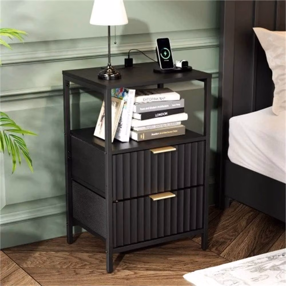 NESTLUNE 2 Drawer Bedside Table Cabinet with Charging Station, Black, W: 60.0 cm, D: 38.0 cm, H: 5.0 cm – 6