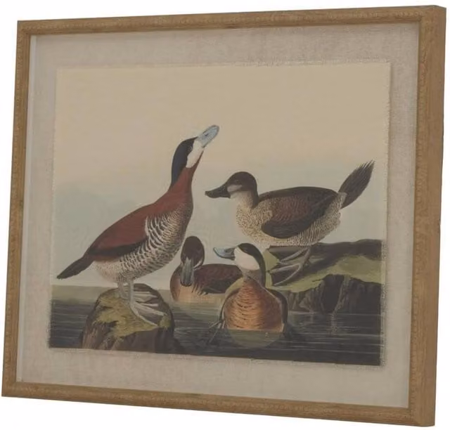 Hill Interiors Flora & Fauna Collection Ducks Beaded Linen Framed Wall Art in Brown and Multicolour