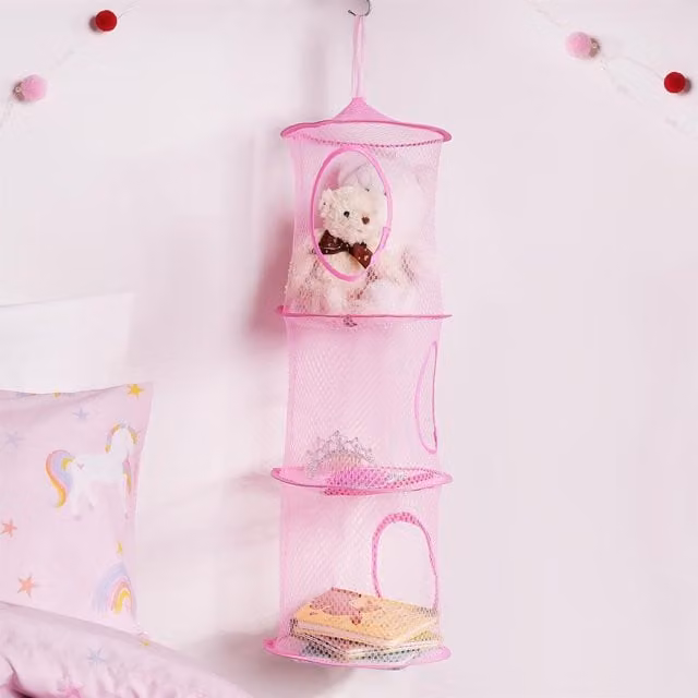 OHS 3 Tier Hanging Mesh Toy Storage Net for Children in Pink