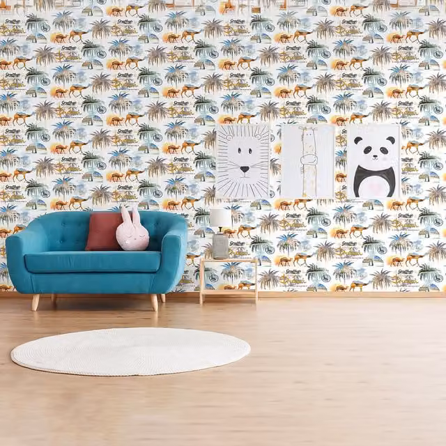 SK Filson Sahara Nights Greetings from Dubai Oriental Animal Print Washable Wallpaper in White and Multicolour