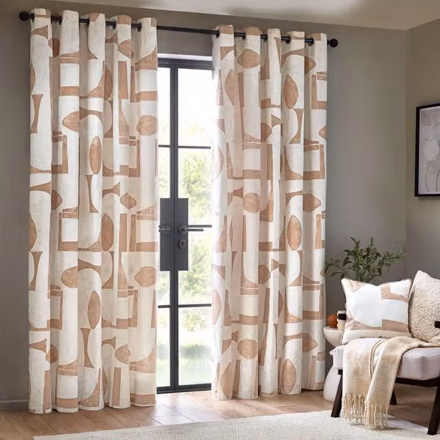 Make It A Home Carro Abstract Cotton Eyelet Curtains, Set of 2, Pink and Beige, Height: 183 cm