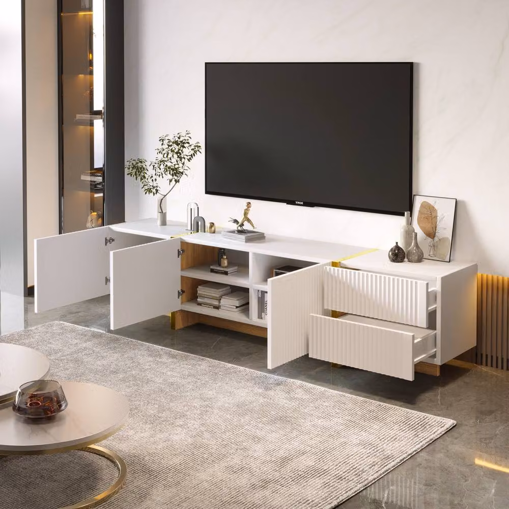 Matteo Modern White and Gold Wood Grain TV Cabinet with 3 Doors and 2 Drawers – 3