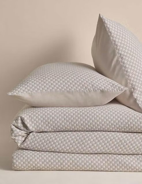 M&S Beige Pure Cotton Geometric Jacquard Bedding Set with Duvet Cover and Pillowcase, W: 180 cm, L: 200 cm