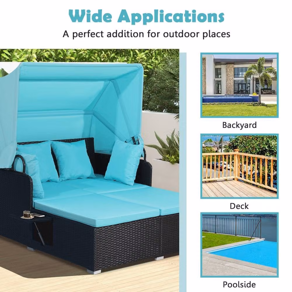 Gymax 2 Seater Blue Rattan Garden Daybed with Sun Canopy and Side Tray – 5