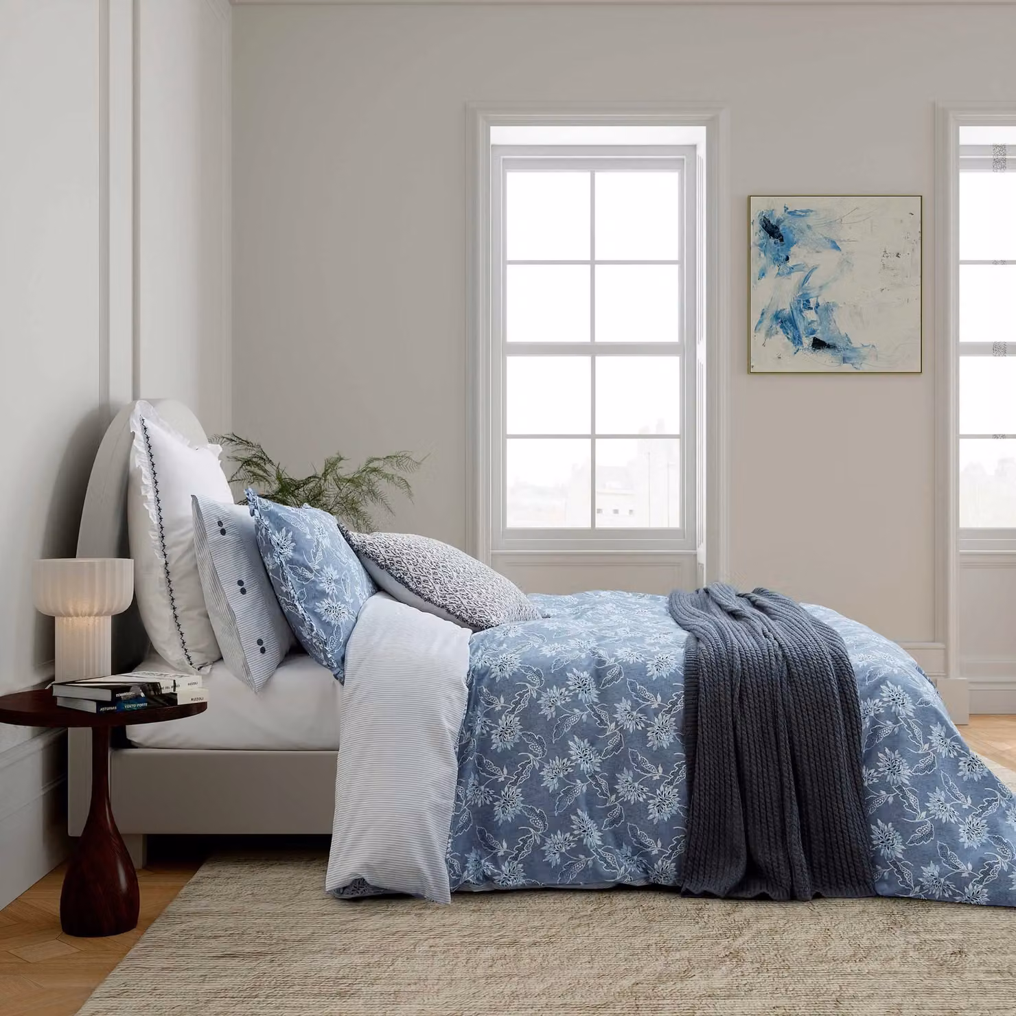 Bedeck of Belfast Miya Reversible Floral Cotton and Linen Duvet Cover Set, Blue and White, W: 140 cm, L: 200 cm – 2