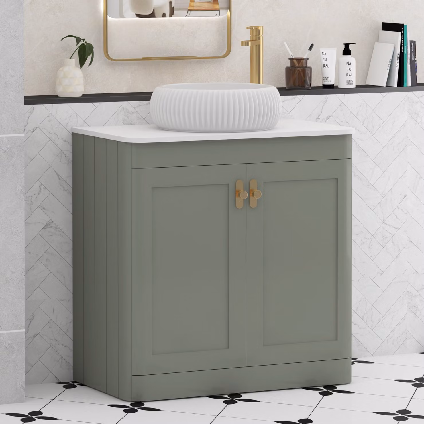 Royal Bathrooms Henley 800mm Sage Green Floor Standing 2 Door Vanity Unit with Plain White Worktop and Milan Basin