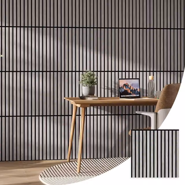 The Wood Veneer Hub WVH 2 Grey Oak Acoustic Wood Veneer Slatted Wall Panels, Mid Grey, 52 x 52 cm